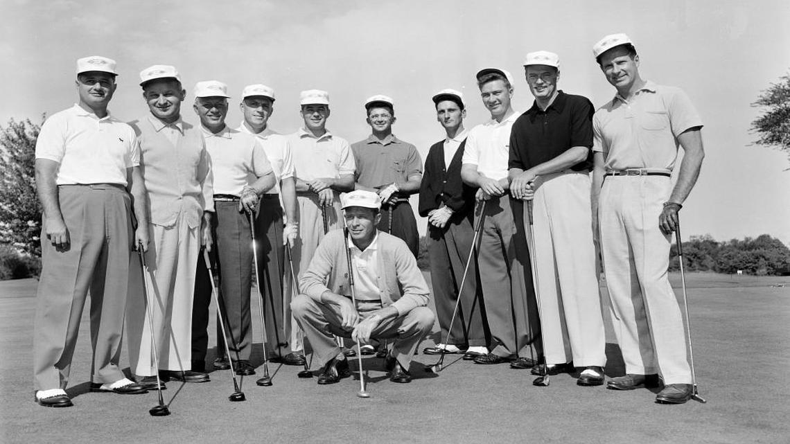 Macon’s Arnold Blum, left, was a member of the U.S. team that won the 1957 Walker Cup. Other members of the team, continuing from Blum, were Charles Kocsis, Joe Campbell, Frank Taylor Jr., Billy Joe Patton, Mason Rudolph, Hillman Robbins, Jr., Rex Baxter, Bill Hyndman, and Bill Campbell. Team captain Charlie Coe squats front and center.