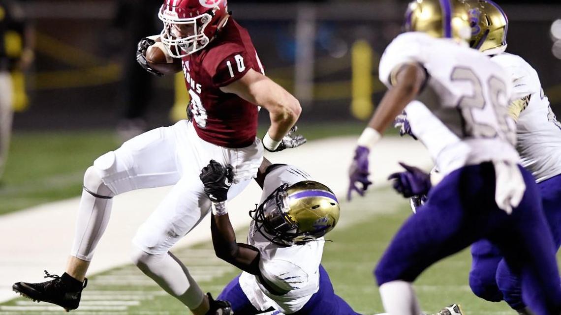 Warner Robins receiver Tyler Fromm (10) is tackled near the sideline during their game against Bainbridge earlier this season.