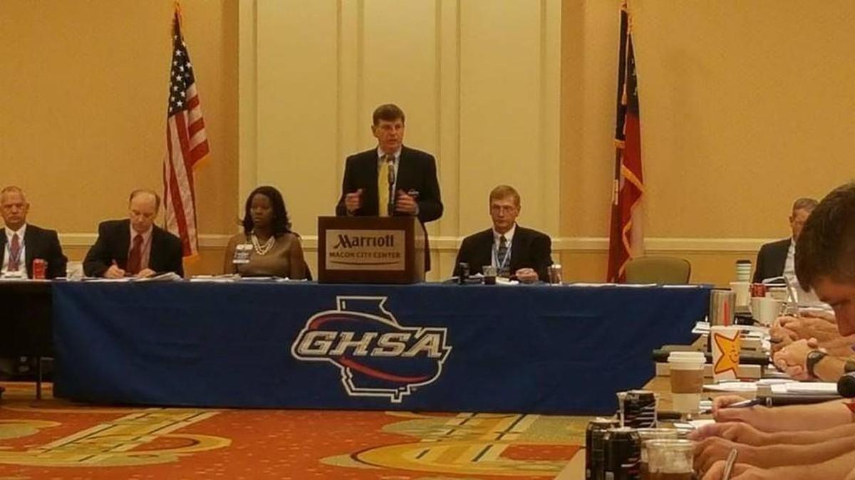 The GHSA’s board of trustees voted 5-3 on Monday to ask executive director Gary Phillips, standing, to resign. The executive committee will vote on the measure, sparked by legislation regarding the GHSA and a new association, at a special meeting Monday morning in Thomaston.