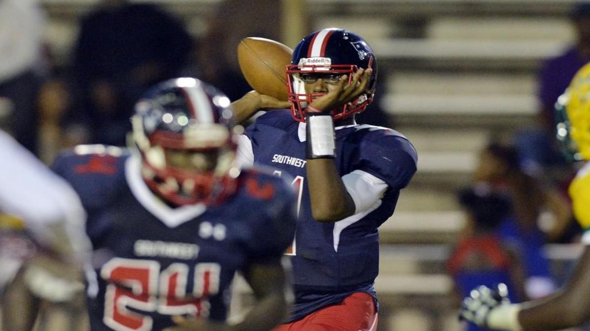 Quarterback Jordan Slocum (11) and the Southwest Patriots host Brooks County in a GHSA Class 2A playoff game Friday at Henderson Stadium.