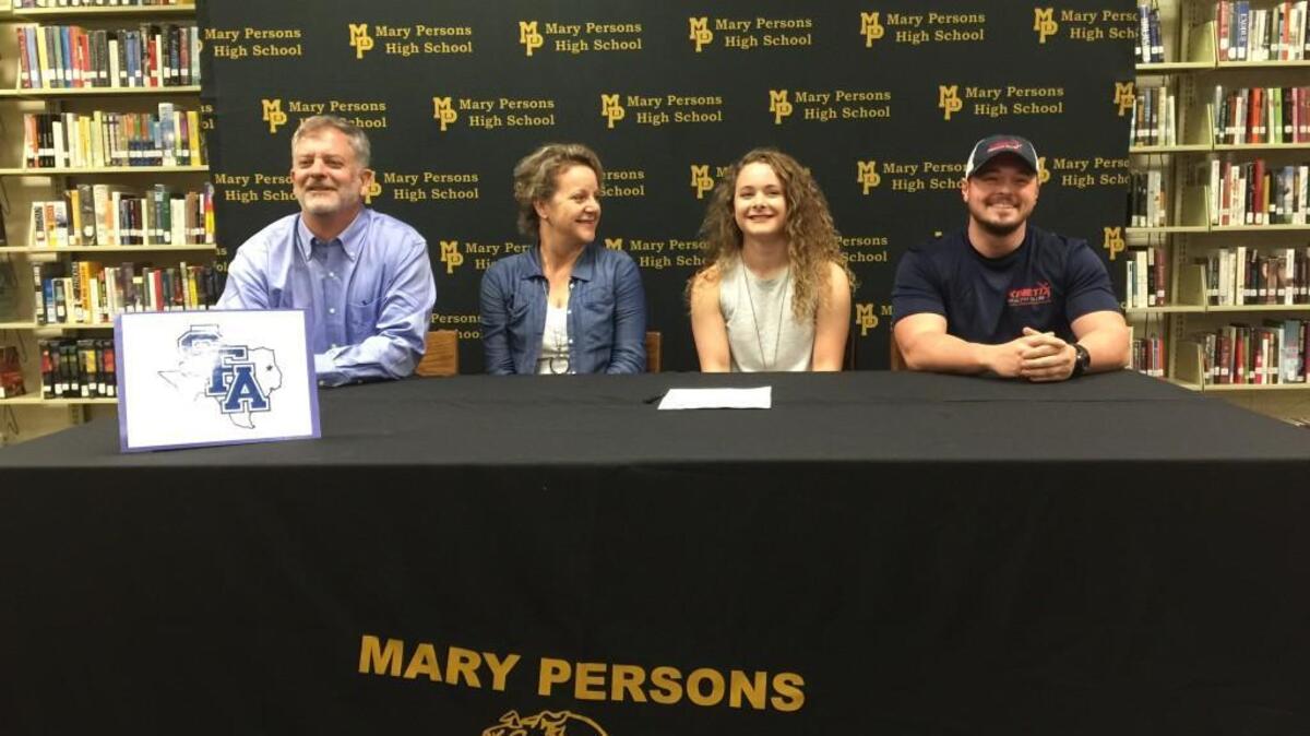 Mary Persons’ Carson Dingler, third from left, signed with the Stephen F. Austin track and field program Thursday.