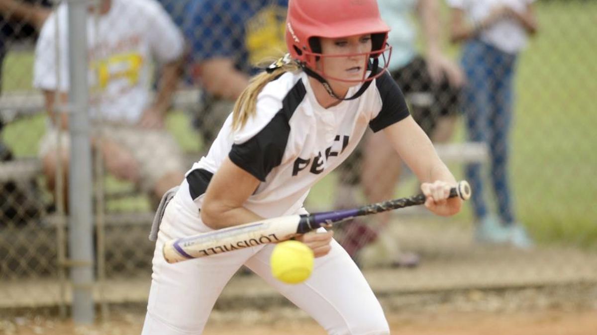 Peach County’s Elizabeth Hickey lays down a bunt for a base hit against Rutland on Tuesday.