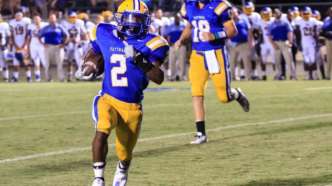 Running back Antoine Davis (2) and the Tattnall Square Trojans take a 5-0 record into Friday’s home game against Mount de Sales.