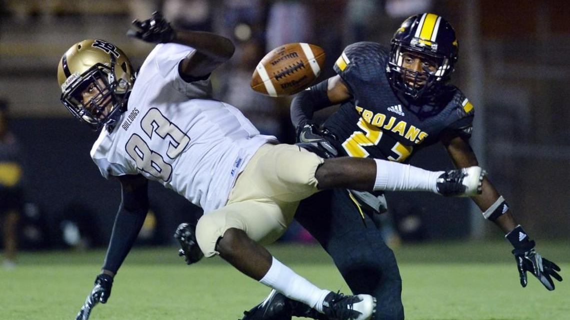 Peach County defensive back Mikel Akiens (23) breaks up a pass intended for Mary Persons receiver Deadrek Alford (83) in the end zone Friday. Peach County beat Mary Persons, 20-19.