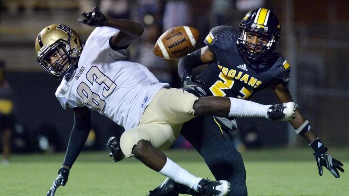 Peach County defensive back Mikel Akiens (23) breaks up a pass intended for Mary Persons receiver Deadrek Alford (83) in the end zone Friday. Peach County beat Mary Persons, 20-19.