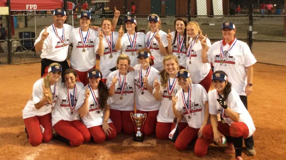 The FPD softball team celebrates its GHSA Class 1A private championship victory Saturday in Columbus.