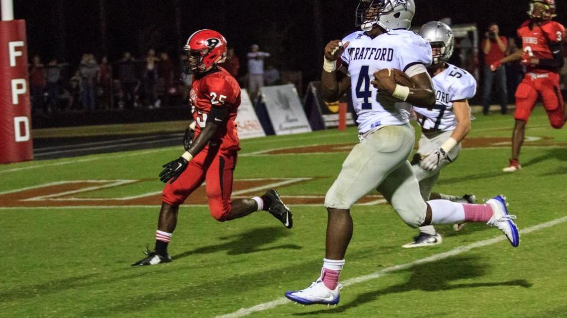 Stratford’s Tyler Jordan (4) scores his second touchdown against FPD in the first half of their game Friday night.