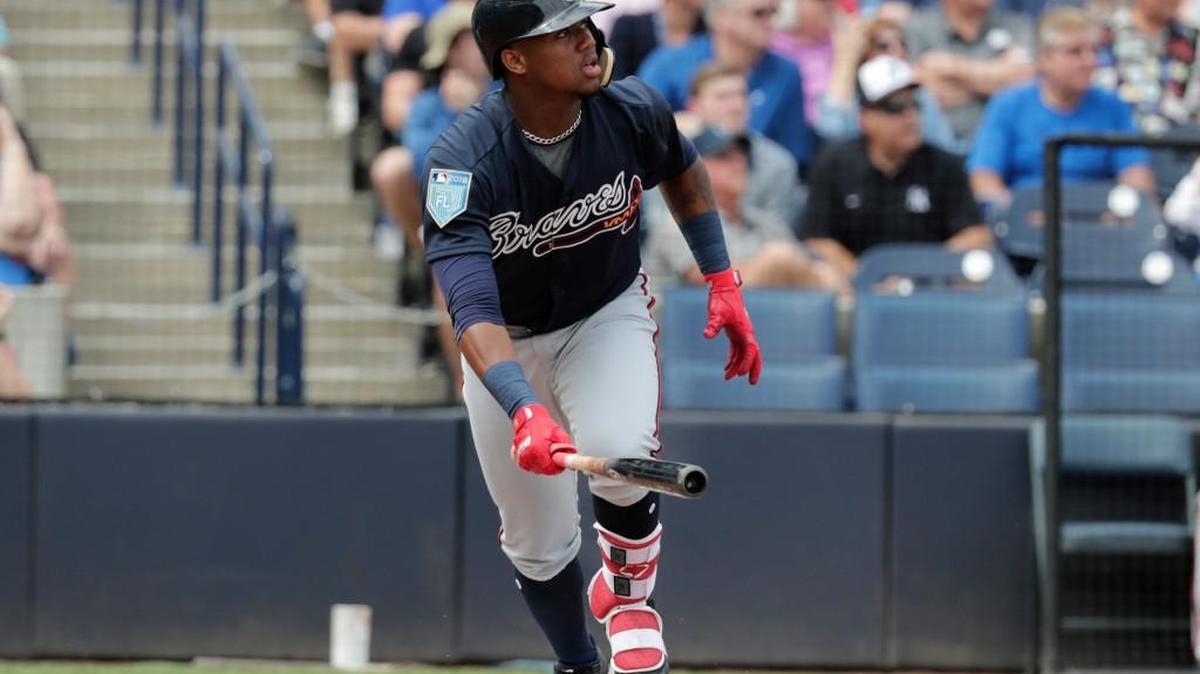 Atlanta Braves’ Ronald Acuna watches after hitting a two-run home run during the first inning of a baseball spring exhibition game against the New York Yankees in Tampa, Fla., on March 2.