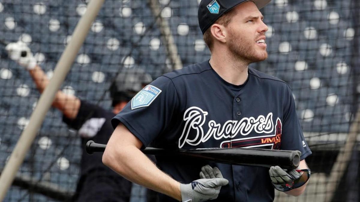 Atlanta Braves first baseman Freddie Freeman watches batting practice before a baseball spring exhibition game against the New York Yankees on March 2 in Tampa, Fla.