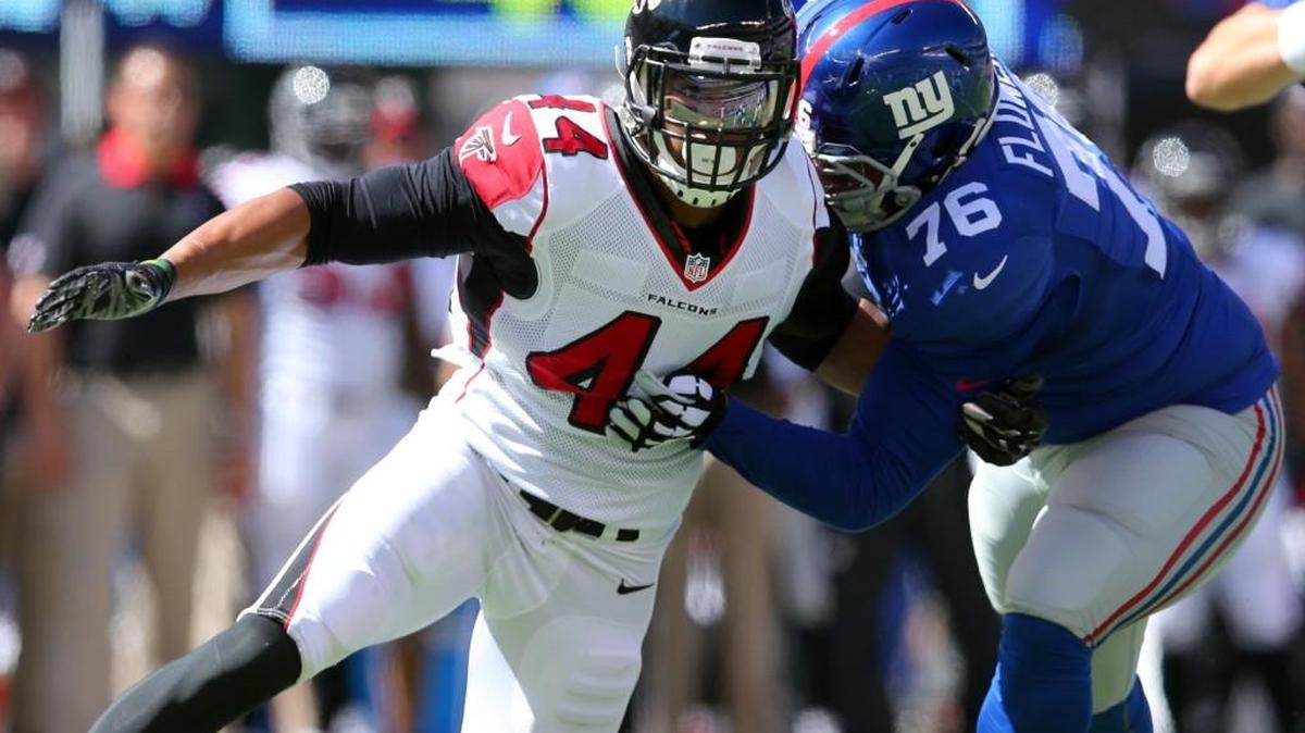 Atlanta Falcons defensive end Vic Beasley (44) had three tackles, three sacks and a fumble return for a touchdown last week against Los Angeles.
