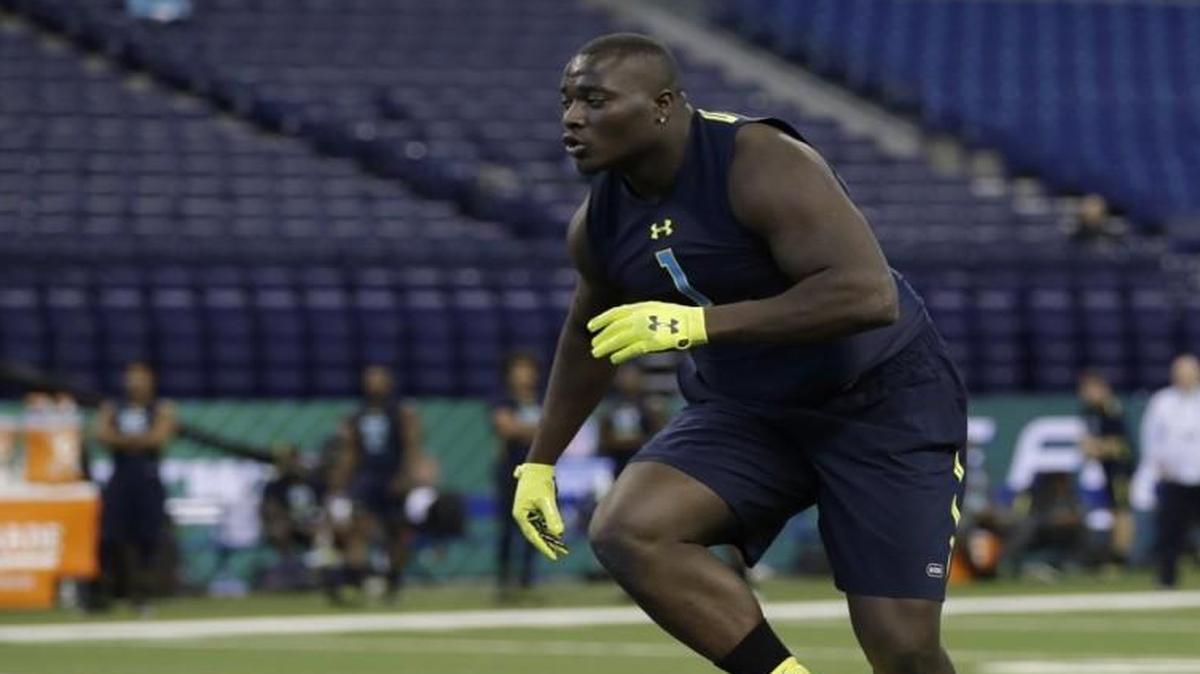 Auburn defensive lineman Montravius Adams, a Dooly County product, runs a drill at the NFL football scouting combine March 5 in Indianapolis.