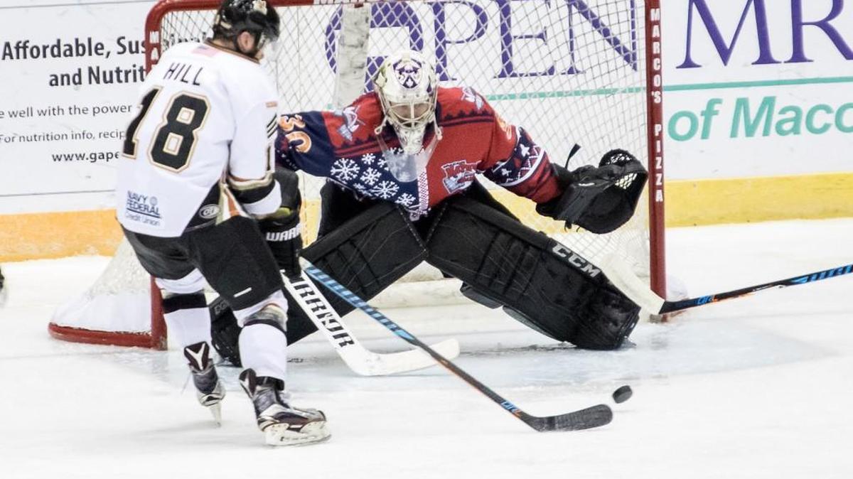 Macon Mayhem’s goalie Greg Dodds blocks a shot against Fayetteville during a Dec. 16 game.