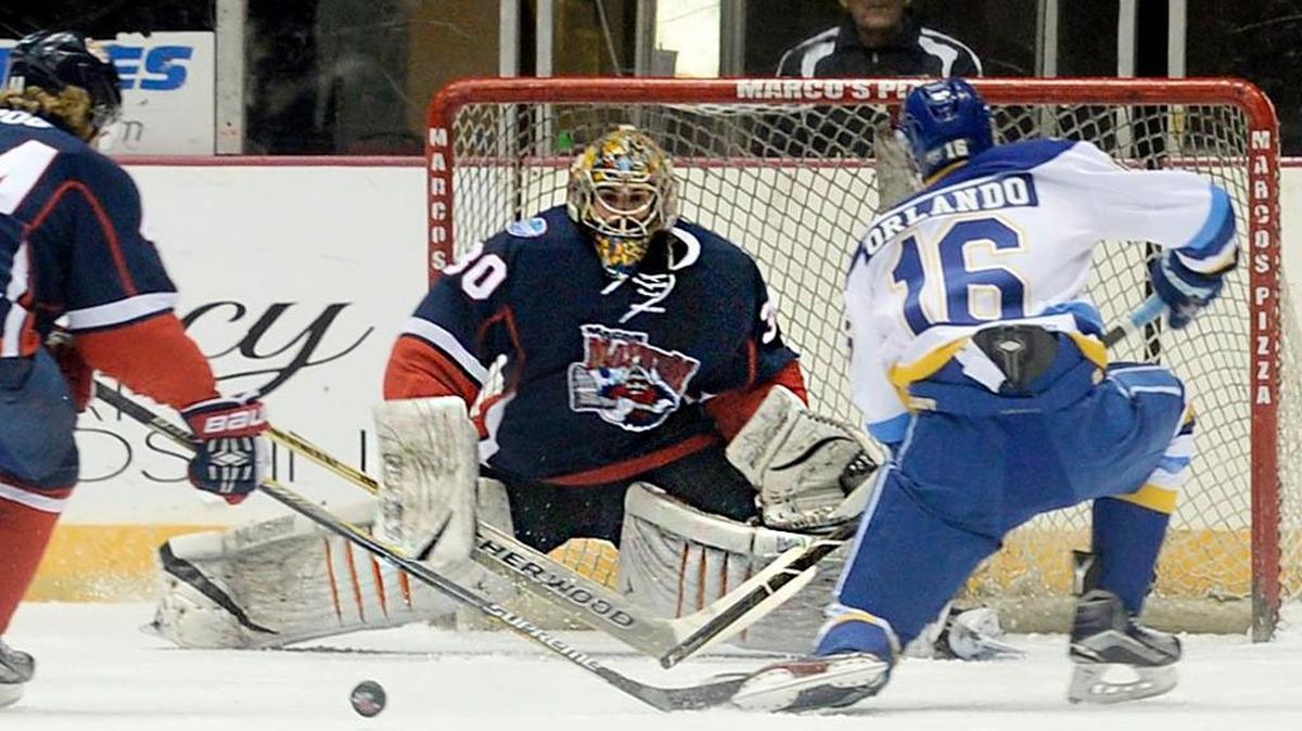 Macon goalie Jordan Ruby (30) stopped 32 of 34 shots in the Mayhem’s 3-2 win Wednesday over Pensacola in the SPHL playoffs.