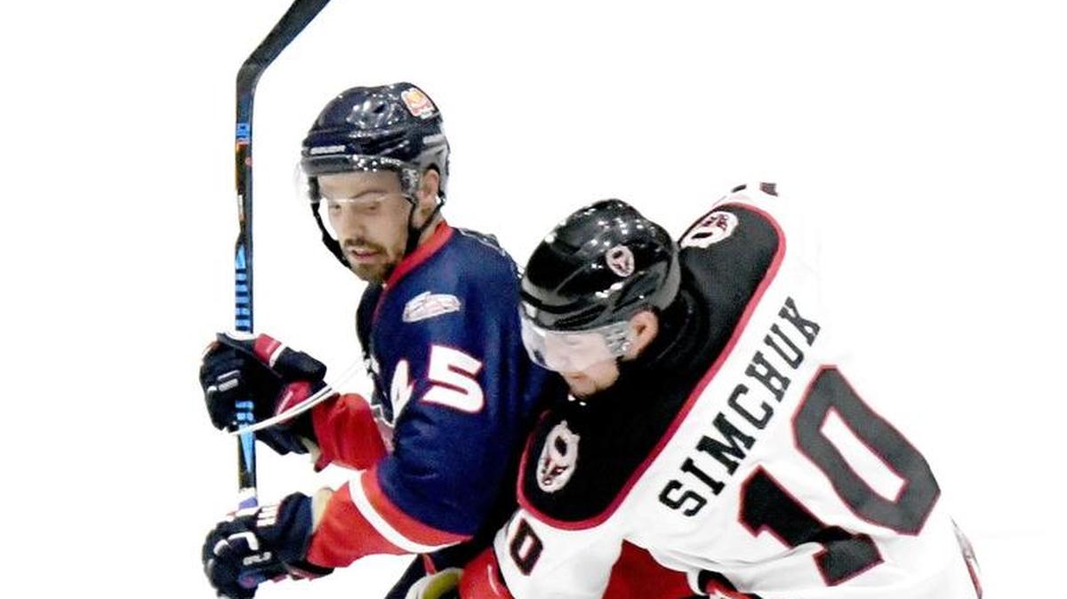 Macon Mayhem left winger Daniel Gentzler (45) plays against versus Birmingham Friday night. Gentzler had a brief recent stint with the Atlanta Gladiators.