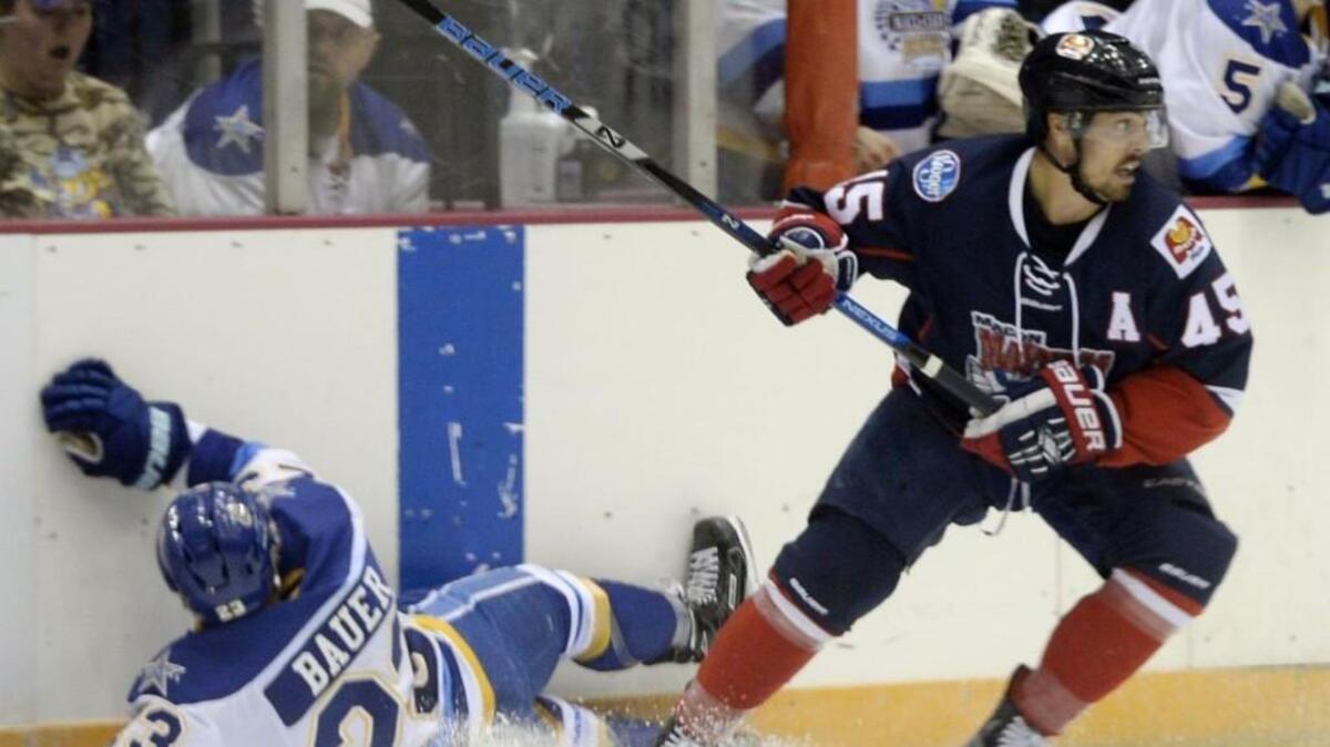 Daniel Gentzler, right, and the Macon Mayhem face Pensacola in the SPHL semifinals.