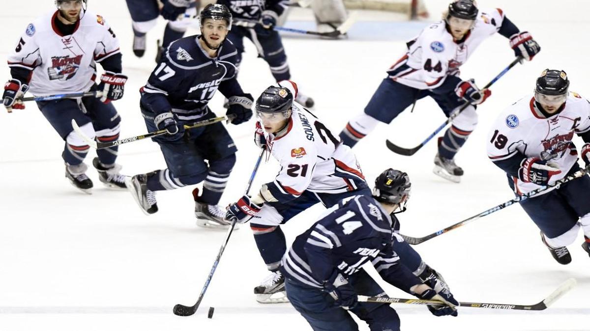 Macon Mayhem left winger Stathis Soumelidis (21) heads up ice with the puck during the second period of their SPHL semifinal against Pensacola on April 21.