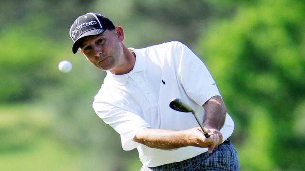 Lee Gerdes makes his approach to the 12th green during the final round of the Peach Blossom Tournament at Idle Hour Club.