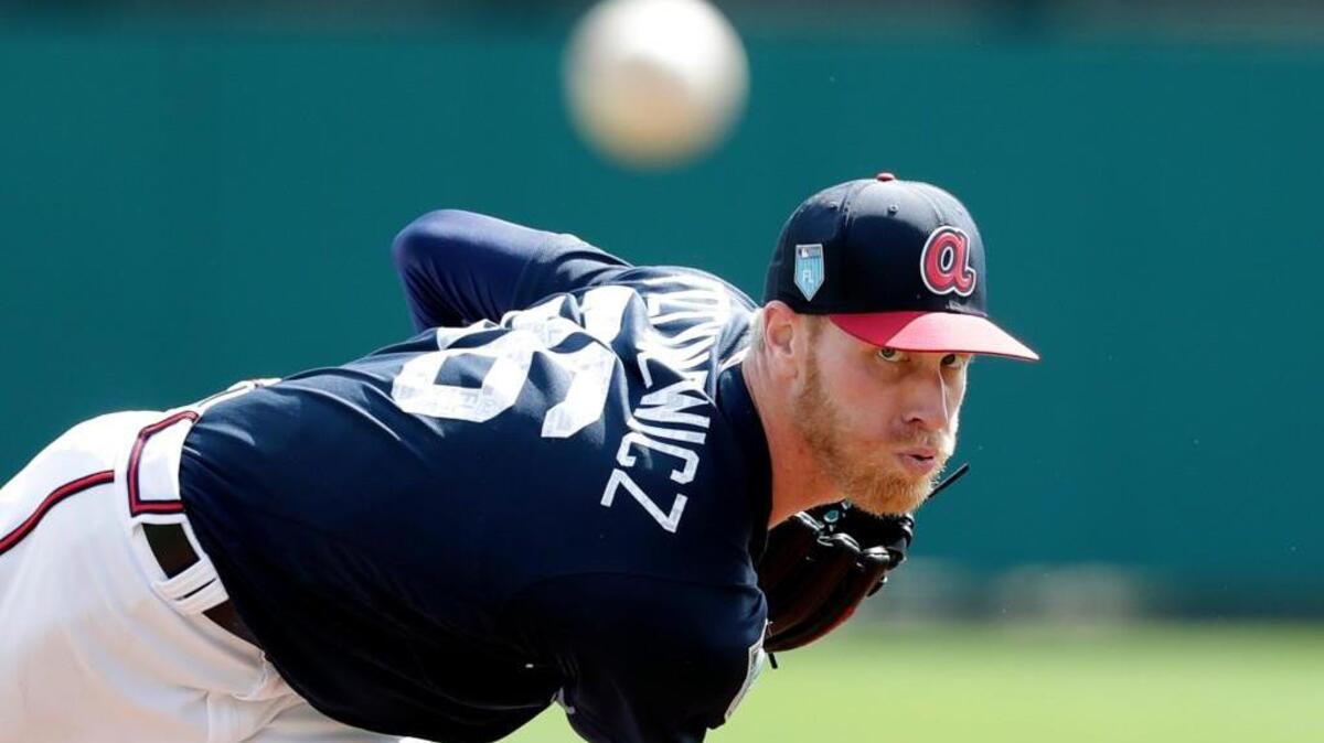 Atlanta Braves pitcher Mike Foltynewicz throws before the first inning of an exhibition spring baseball game against the Pittsburgh Pirates on Tuesday in Kissimmee, Fla.