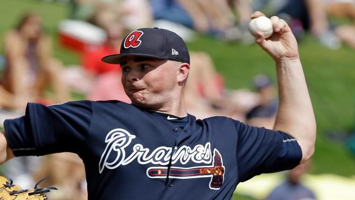 Atlanta Braves starting pitcher Sean Newcomb pitches against the Philadelphia Phillies in a spring training baseball game, Wednesday, March 8, 2017, in Kissimmee, Fla.