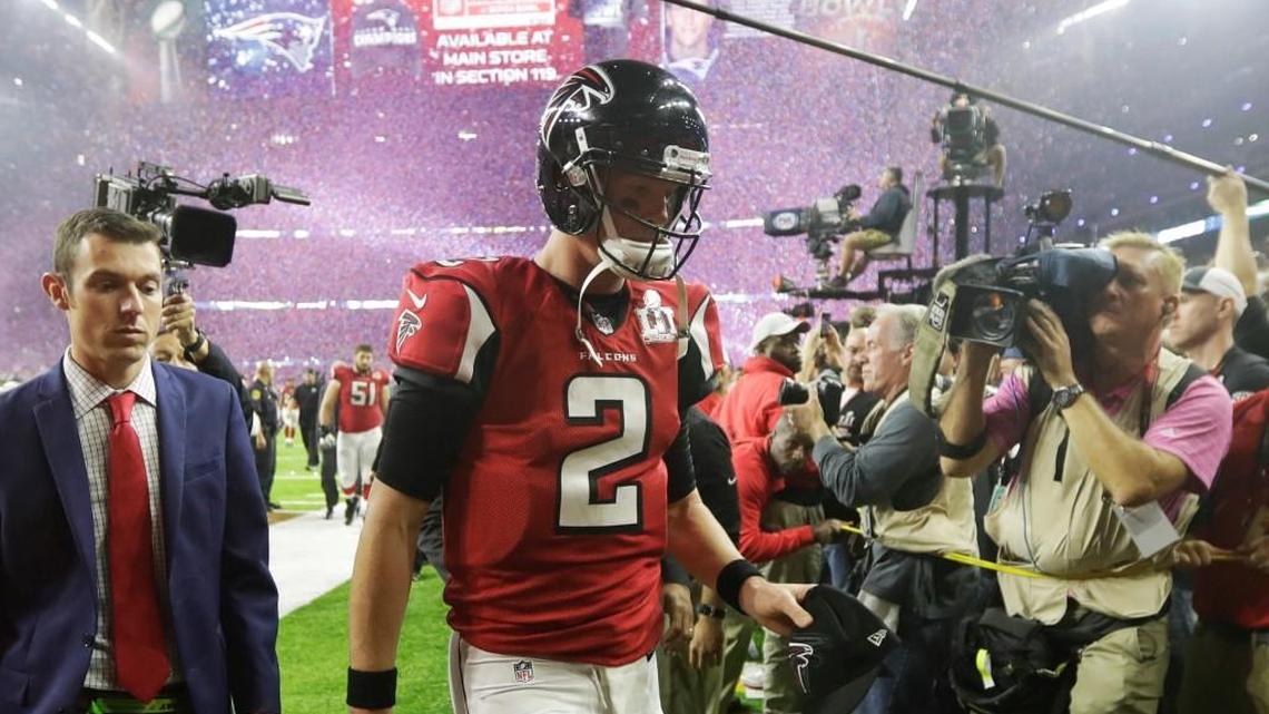Atlanta’s Matt Ryan leaves the field after the Falcons’ overtime loss to the New England Patriots in Super Bowl LI on Sunday.