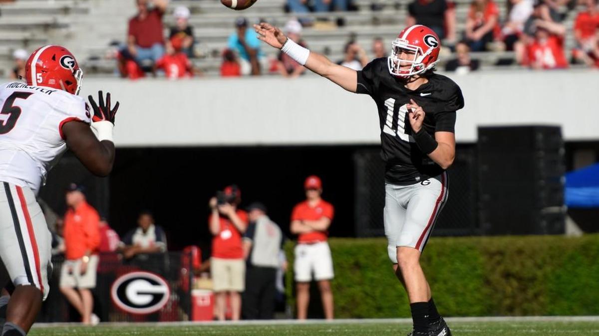 Georgia quarterback Jacob Eason (10) is a true freshman with the Bulldogs.