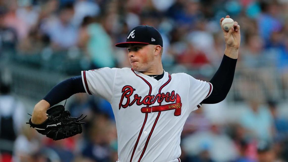 Atlanta Braves starting pitcher Sean Newcomb works in the first inning of a baseball game against the Miami Marlins.
