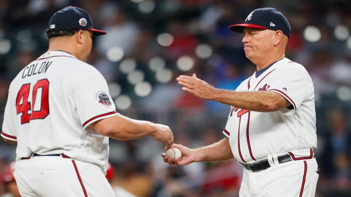 Atlanta Braves starting pitcher Bartolo Colon is pulled from the game by manager Brian Snitker in the fourth inning of their game against Philadelphia on Monday.