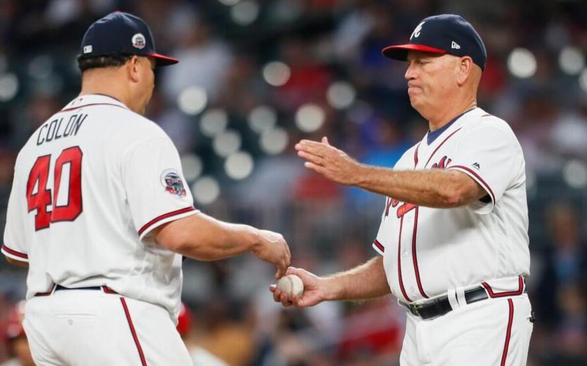 Atlanta Braves starting pitcher Bartolo Colon is pulled from the game by manager Brian Snitker in the fourth inning of their game against Philadelphia on Monday.