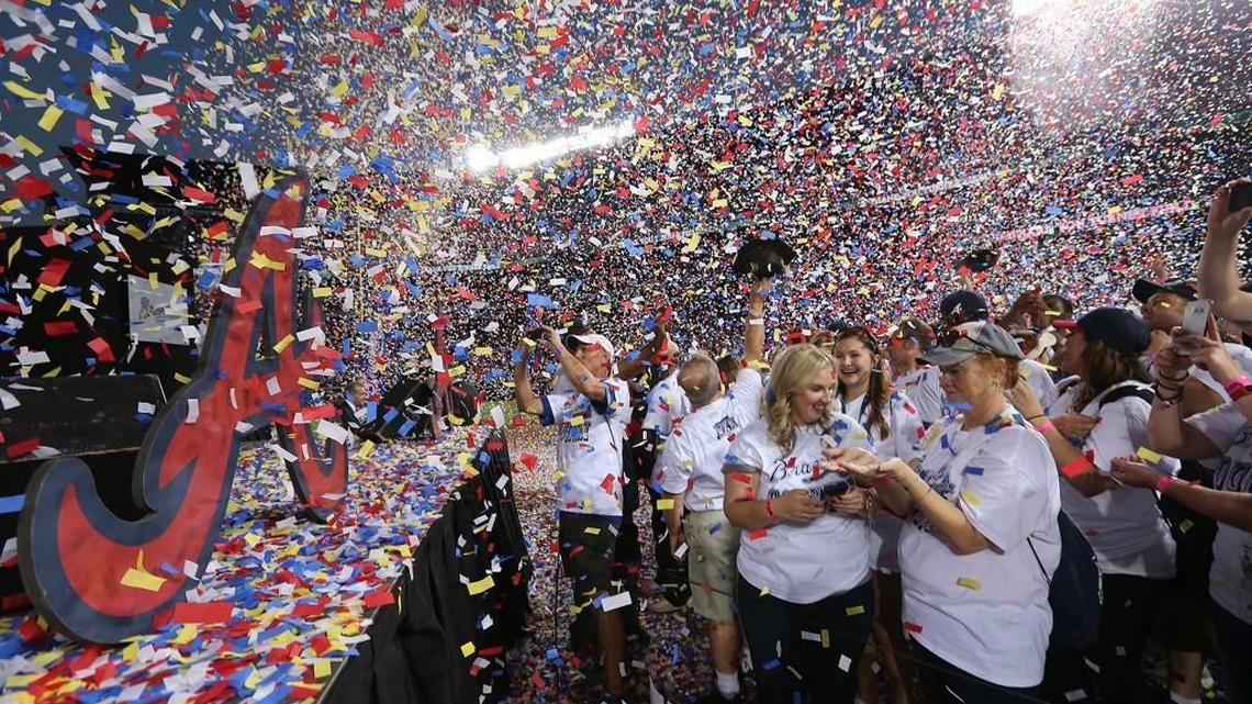 The Atlanta Braves close down Turner Field with one final giant tomahawk chop and confetti on Sunday, Oct. 2, 2016 in Atlanta.