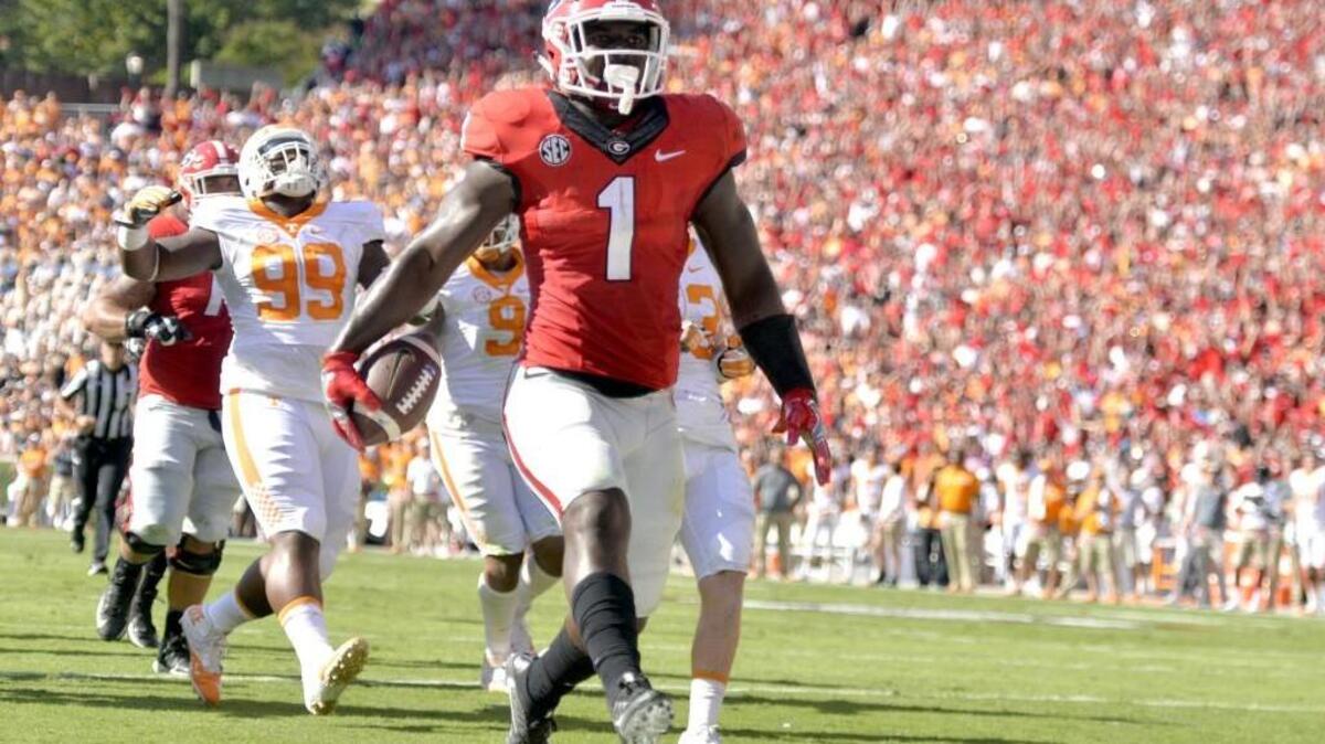 Georgia running back Sony Michel (1) and the Bulldogs travel to Columbia, South Carolina, on Saturday to face the South Carolina Gamecocks.