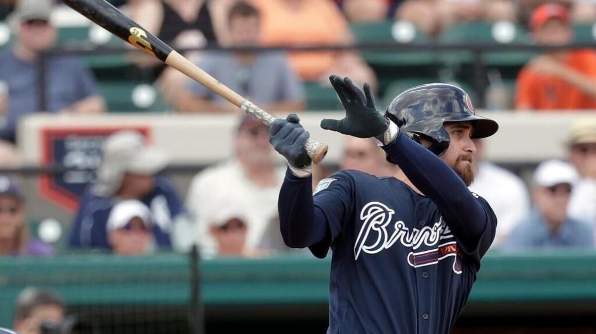 Atlanta Braves’ Ender Inciarte hits a double against the Detroit Tigers in a spring baseball exhibition game Sunday in Lakeland, Fla.