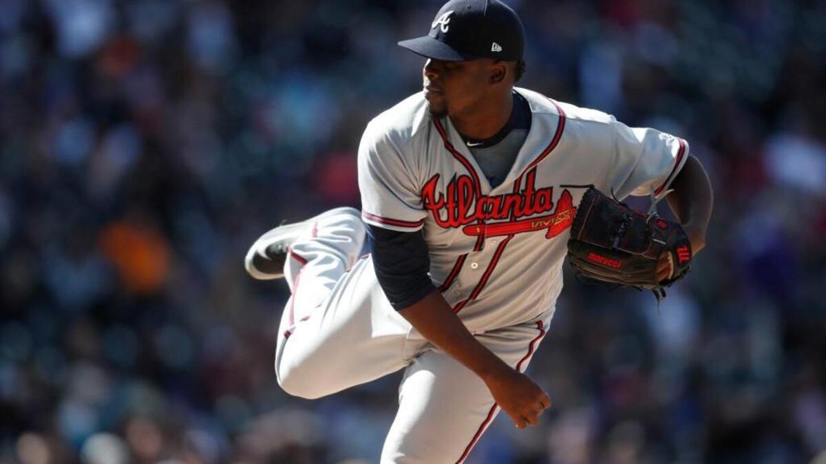 Atlanta Braves relief pitcher Arodys Vizcaino throws in the ninth inning of a game April 8 in Denver.