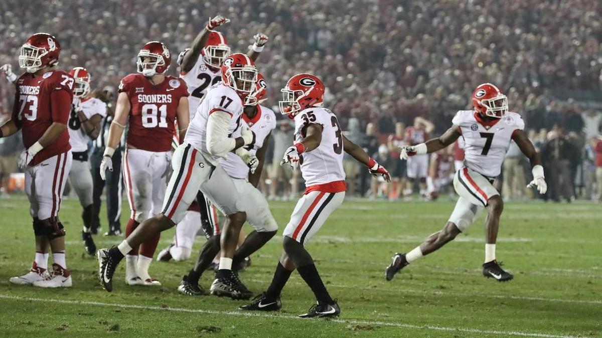 Georgia’s Lorenzo Carter (7) reacts after blocking an Oklahoma field goal attempt during the second overtime period in the Rose Bowl on Jan. 1.