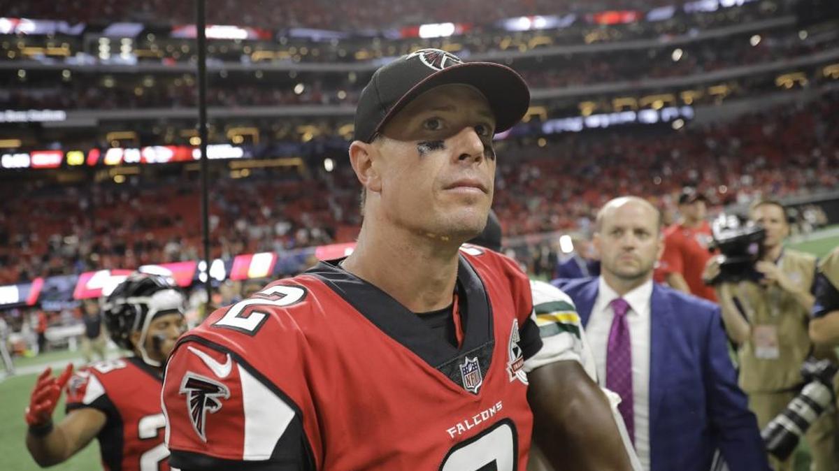 Atlanta Falcons quarterback Matt Ryan (2) walks off the field after the second of an NFL football game against the Green Bay Packers, Sunday, Sept. 17, 2017, in Atlanta. The Falcons won 34-23.