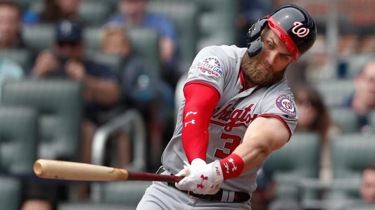 Washington Nationals right fielder Bryce Harper (34) bats against the Atlanta Braves against the Atlanta Braves on Wednesday in Atlanta.