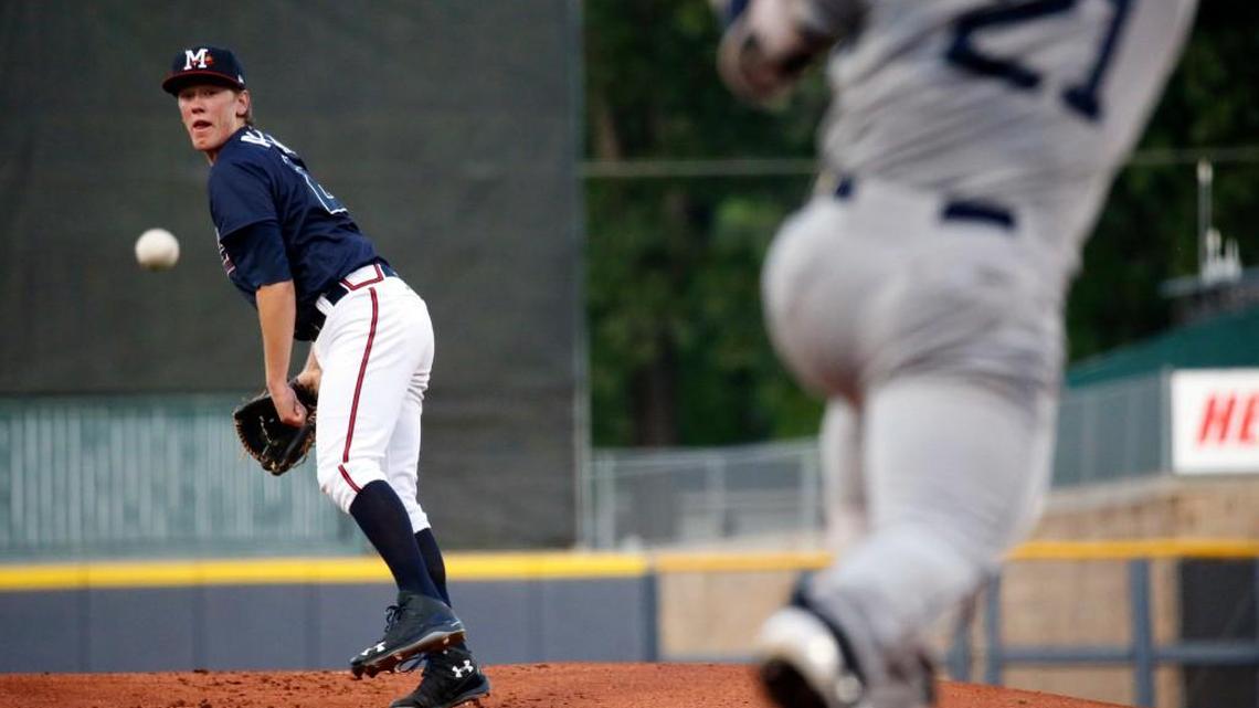 In this April 18, 2017, photo, Mississippi Braves pitcher Kolby Allard reacts to a single hit by Mobile BayBears Caleb Adams (21) during a minor league Class AA baseball game at Trustmark Park Stadium in Pearl, Miss. Allard, a lefty, and teammate Mike Soroka, also a pitcher, share the distinction of at age 19, being the two youngest players in all of Class AA minor league baseball.