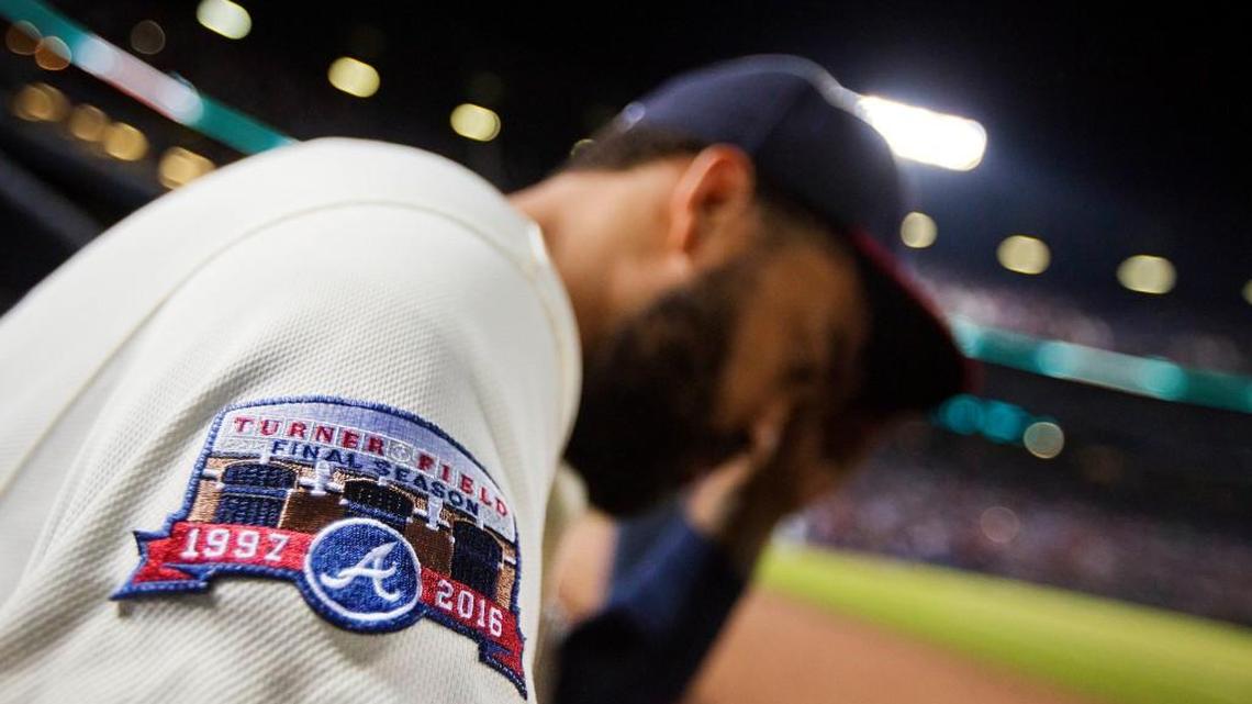 A patch commemorating the final season at Turner Field decorates the uniform of Atlanta’s Matt Kemp during Saturday’s game.