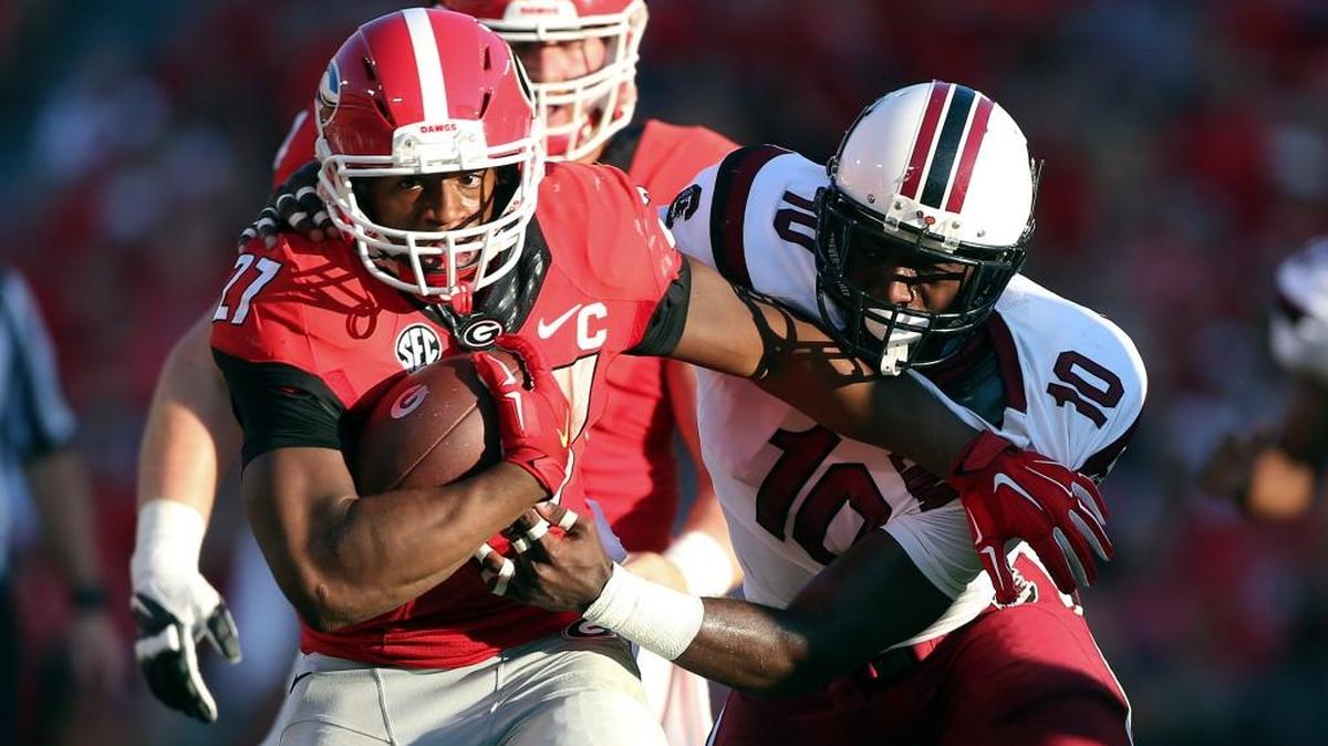 Georgia running back Nick Chubb (27) is coming back this season after suffering a knee injury against Tennessee last year.