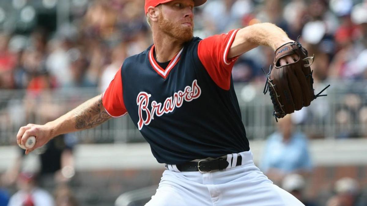 Atlanta’s Mike Foltynewicz pitches against the Colorado Rockies during the first inning of a baseball game, Sunday, Aug. 27, 2017, in Atlanta.