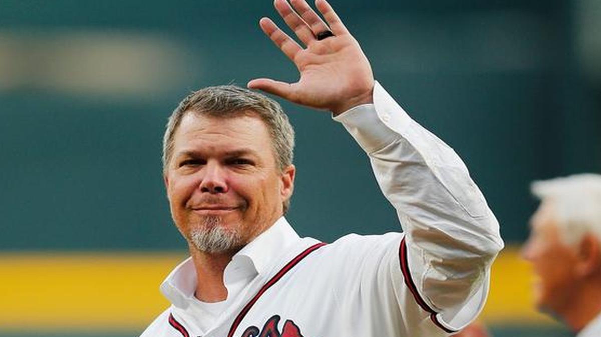 Former Atlanta Braves' Chipper Jones is honored during a ceremony before a baseball game between the Braves and the San Diego Padres in Atlanta, Friday, April 14, 2017. The Braves are playing their first regular-season game in SunTrust Park, the new suburban stadium that replaced Turner Field.