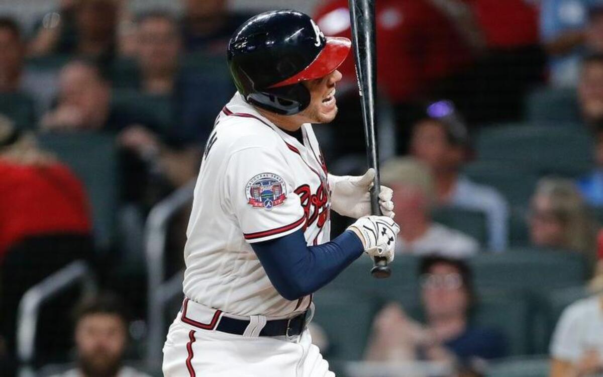 Atlanta Braves' Freddie Freeman (5) reacts after being hit by a pitch during the fifth inning of a baseball game against the Toronto Blue Jays on Wednesday, May 17, 2017, in Atlanta. Freeman left the game.