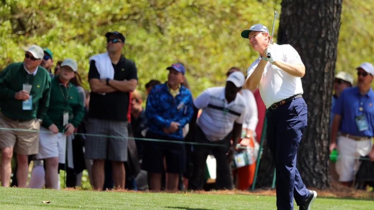 Ernie Els hits a shot on the first fairway during the third round of the Masters on Sunday.