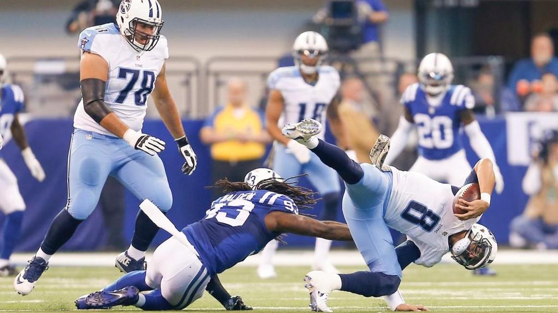 Indianapolis Colts outside linebacker Erik Walden (93) sacks Tennessee Titans quarterback Marcus Mariota (8) during the first half on Sunday, Nov. 20, 2016 at Lucas Oil Stadium in Indianapolis, Ind. The Colts won the game 24-17.
