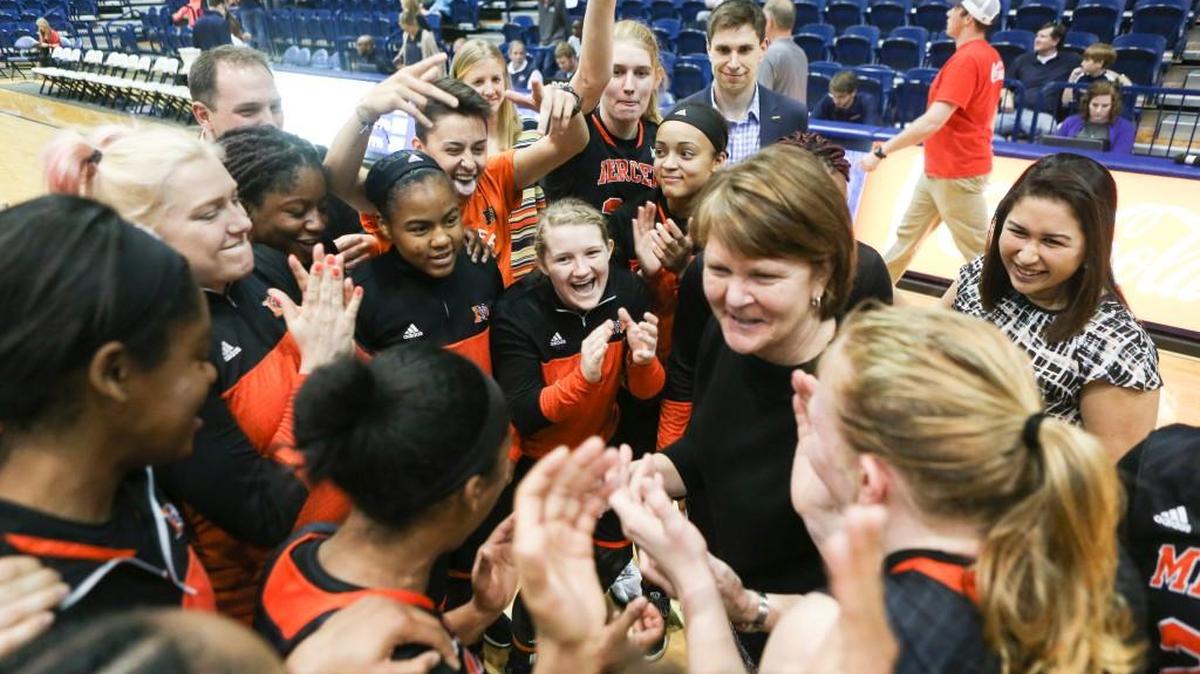 Mercer celebrates its victory Saturday at Samford, clinching a tie for first place in the Southern Conference.