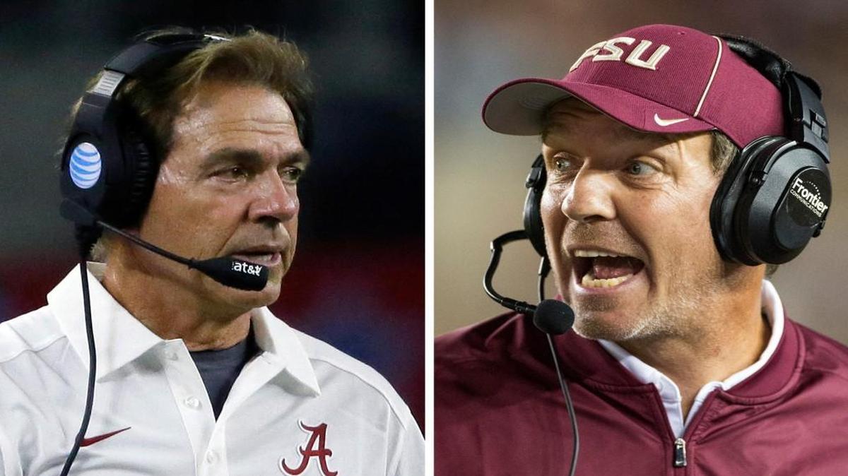 Alabama head coach Nick Saban, left, and Florida State head coach Jimbo Fisher.