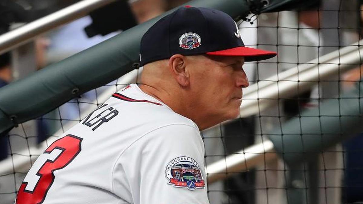 Atlanta Braves manager Brian Snitker watches from the dugout against the New York Mets during the fifth inning on Wednesday, May 3, 2017, at SunTrust Park in Atlanta.