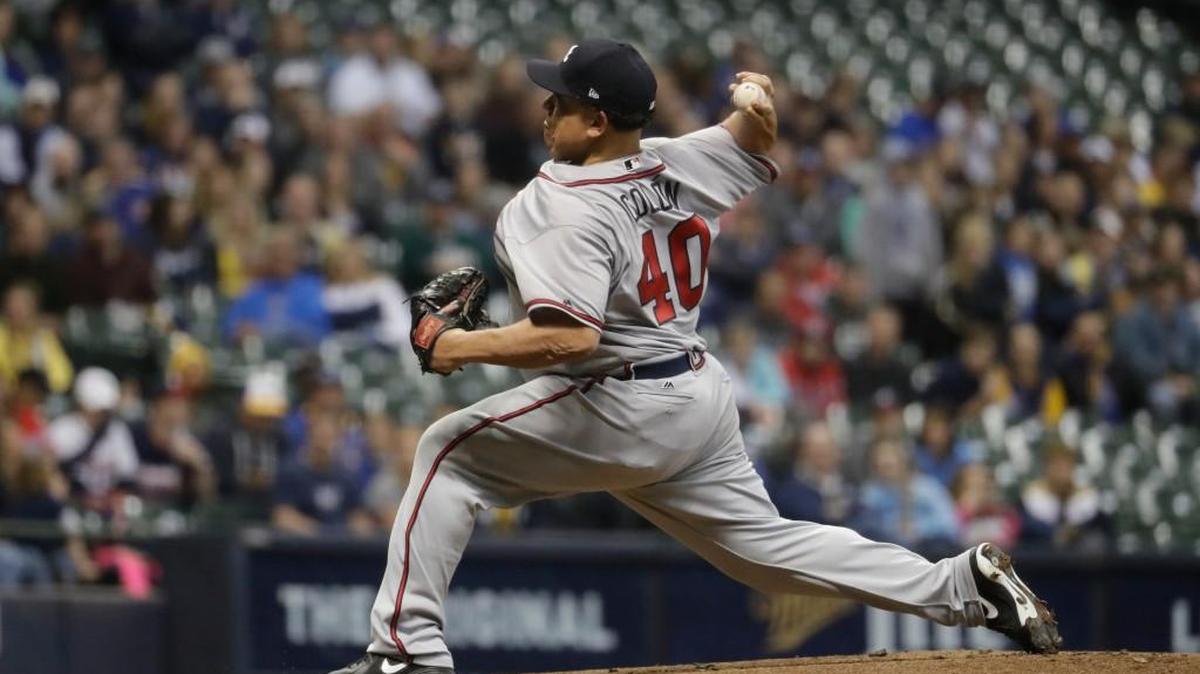 Atlanta Braves starting pitcher Bartolo Colon throws during the first inning of a baseball game against the Milwaukee Brewers Friday, April 28, 2017, in Milwaukee.