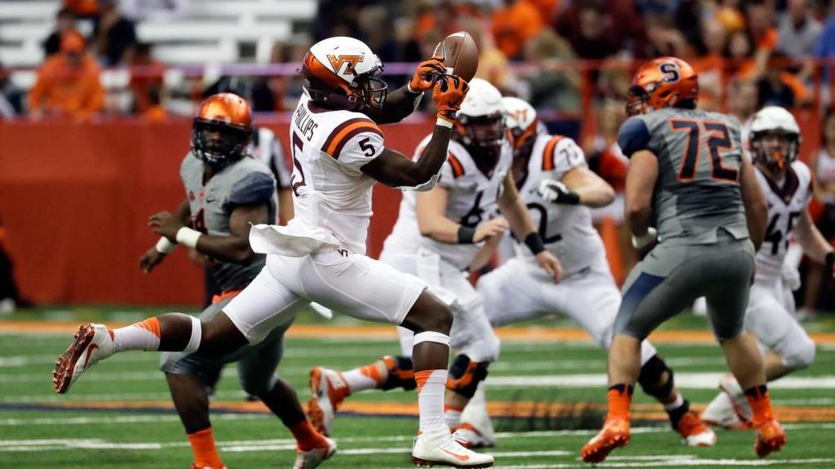 Virginia Tech wide receiver Cam Phillips (5) and the Hokies host Miami on Thursday.