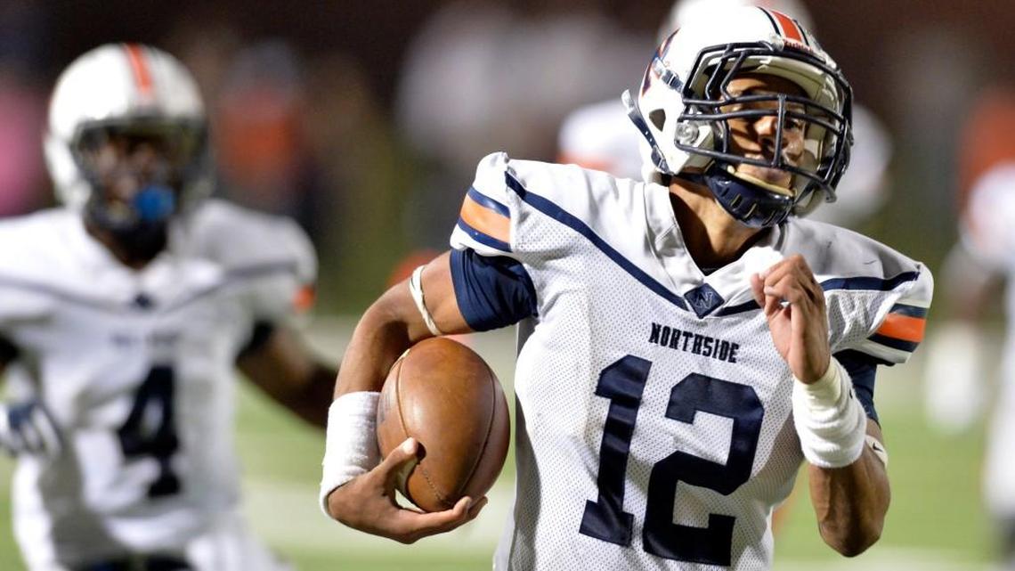 Northside quarterback Tobias Oliver (12) and the Eagles host Grovetown in the GHSA Class 6A playoffs.