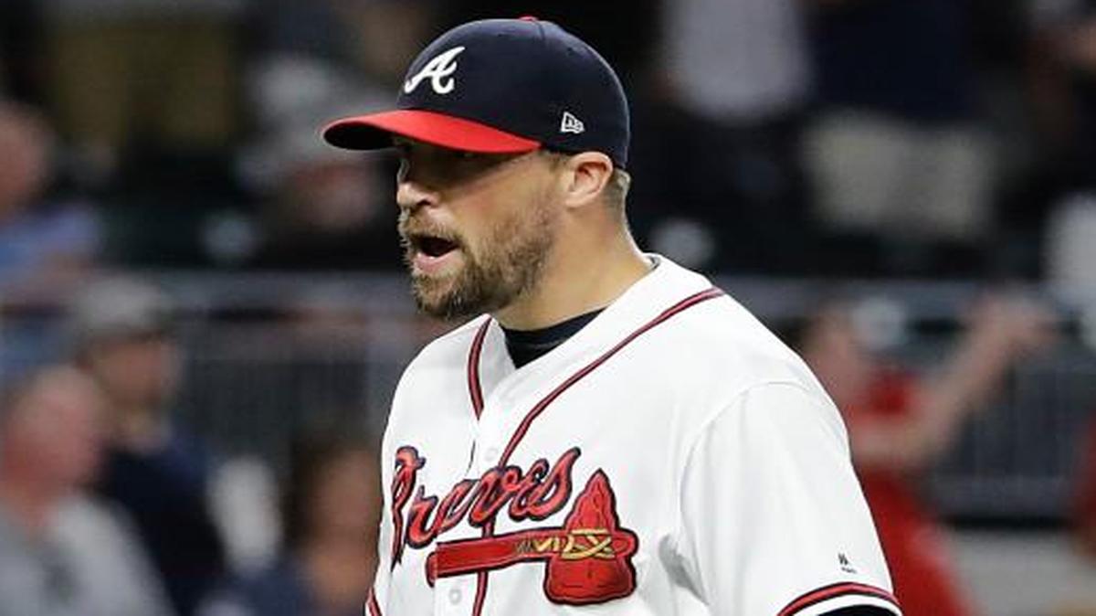 Atlanta Braves pitcher Jim Johnson reacts as the Braves beat the Washington Nationals in a baseball game in Atlanta, Friday, May 19, 2017.
